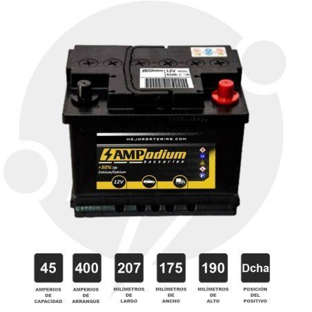 Batería coche 45Ah 400A Positivo derecha | 207x175x190 AMPodium Batteries