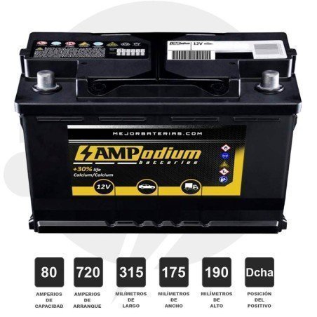 Batería coche 80Ah 720A Positivo derecha | 315x175x190 AMPodium Batteries