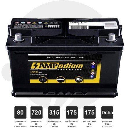 Batería coche 80Ah 720A Positivo derecha | 315x175x175 AMPodium Batteries